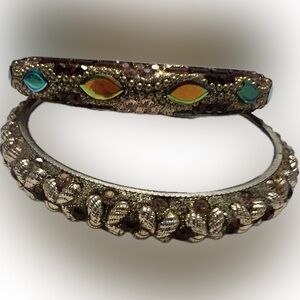 Ornate Crystal Bangle Bracelets Set of 2 Stack Gold-tone New